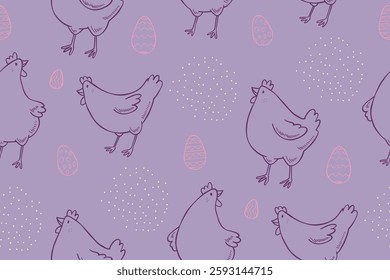 Easter seamless pattern with hen and eggs. Good for fabric, background, postcards. Cartoon funny animals in pastel colours