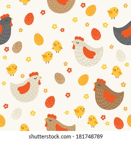 Easter seamless pattern with hens and chicken. Perfect for wallpapers, pattern fills, web page backgrounds, surface textures, textile. 