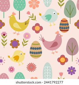 Easter seamless pattern with hens, chickens, decorated eggs and flowers