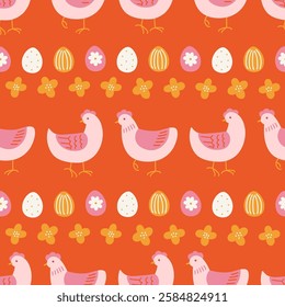 Easter seamless pattern with hens, eggs and flowers on orange background. Perfect for wallpaper, gift paper, spring greeting cards. Vector hand drawn illustration