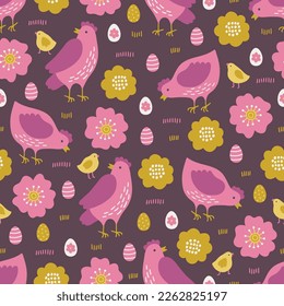 Easter seamless pattern with hens, flowers, grass, eggs on brown background. Perfect for greeting card, holiday decoration, wallpaper, wrapping paper, fabric. Vector illustration