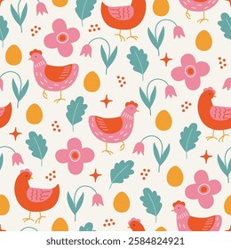 Easter seamless pattern with hens, flowers, eggs, leaves, stars on white background. Perfect for wallpaper, gift paper, spring greeting cards. Vector hand drawn illustration