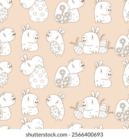 Easter Seamless pattern. Holiday Capybaras with paschal Eggs on light beige background. Cute cartoon kawaii animal backdrop. Line drawing, Outline. Vector illustration. Kids collection