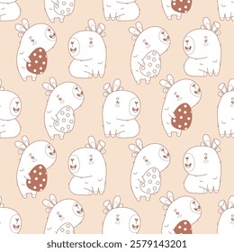 Easter Seamless pattern. Holiday Capybaras with Bunny Ears and paschal Eggs on light brown background. Outline Cute cartoon animal backdrop. Line drawing. Vector illustration. Kids collection