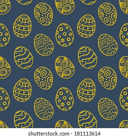 Easter seamless pattern. Holiday dark background. Beauty yellow Easter eggs.