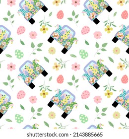 Easter seamless pattern with holiday dwarves on a truck, colorful flowers, leaves, colored eggs. Vector illustration in cartoon style. Isolated on white background. Festive wrapping paper design.