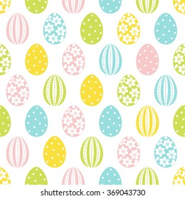 Easter seamless pattern with holiday eggs. Stripes, flowers and dots. Perfect for wallpaper, gift paper, pattern fills, web page background, spring and Easter greeting cards