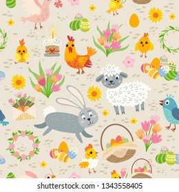 Easter seamless pattern. Holiday vintage background with cartoon Easter symbol. Vector illustration. Easter collection in flat style. Easter bunny, chickens, eggs and flowers.