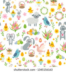 Easter seamless pattern. Holiday vintage background with cartoon Easter symbol. Vector illustration. Easter collection in flat style. Easter bunny, chickens, eggs and flowers.