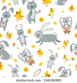 Easter seamless pattern. Holiday vintage background with cartoon Easter symbol. Vector illustration. Easter collection in flat style. Easter bunny, chickens, eggs and flowers.