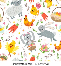 Easter seamless pattern. Holiday vintage background with cartoon Easter symbol. Vector illustration. Easter collection in flat style. Easter bunny, chickens, eggs and flowers.