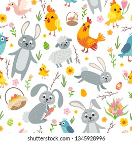 Easter seamless pattern. Holiday vintage background with cartoon Easter symbol. Vector illustration. Easter collection in flat style. Easter bunny, chickens, eggs and flowers.