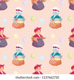Easter seamless pattern with the image of cute hen. Vector background.