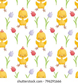 Easter seamless pattern with the image of cute chicks. Vector background.