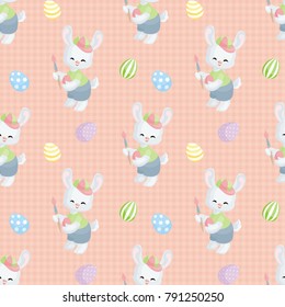 Easter seamless pattern with the image of lovely rabbits and painted eggs. Vector background.