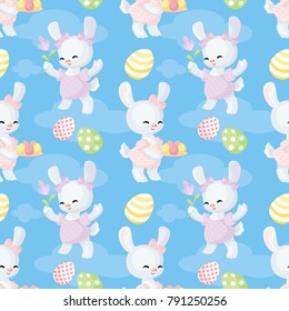 Easter seamless pattern with the image of lovely rabbits and painted eggs. Vector background.