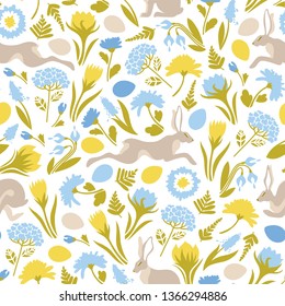 Easter. Seamless pattern with jumping easter bunnies, flowers, eggs. Cute texture for the design of surfaces. Vector illustration.