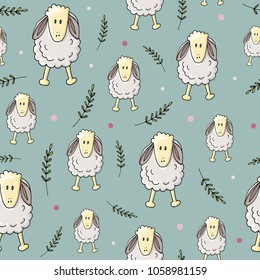 Easter seamless pattern with lambs, twigs and dots. Isolated on blue background. Endless texture for spring design, decoration, greeting cards, posters, invitations, advertisement.