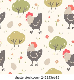 Easter seamless pattern with laying hens and eggs