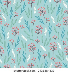 Easter seamless pattern with leaves and berries on light blue background. Perfect for spring and summer greetings, wallpaper, wrapping paper, fabric. Vector illustration