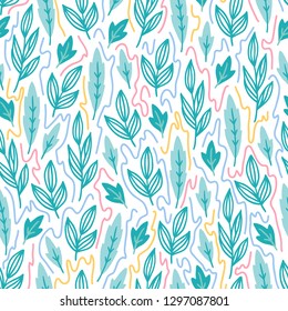 Easter seamless pattern with leaves and color lines. Perfect for wallpaper, gift paper, web page background, spring greeting cards