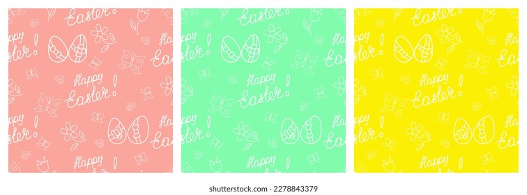 Easter seamless pattern with lettering Happy Easter, eggs and flowers. Each pattern is isolated. Endless print for card, banner, wrapping paper, wallpaper or other using. Vector illustration. Set.