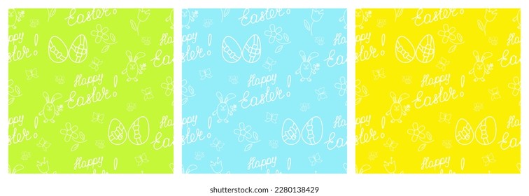 Easter seamless pattern with lettering Happy Easter, eggs and flowers and rabbit. Each pattern is isolated. Endless print for card, banner, wrapping paper, wallpaper or other using. Vector set. 