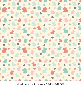 Easter seamless pattern with little eggs and rabbits isolated on pastel yellow background. Silhouettes of easter bunnies. Cute kids print.Vector cartoon stock illustration.Season child textile design.