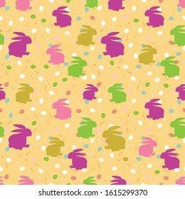 Easter seamless pattern with little eggs and rabbits isolated on pastel orange background. Silhouettes of easter bunnies.Cute kids print. Vector cartoon stock illustration.Season child textile design.