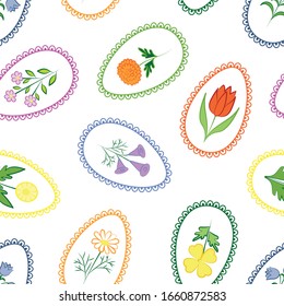 
Easter seamless pattern. Multicolored Easter eggs decorated with drawings of spring flowers. Decor element. Vector illustration.
