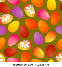Easter seamless pattern of multi-colored eggs on a green background, vector, ready for printing on fabric, paper, wallpaper, covers, packages, cards, invitations, food packaging, for home design