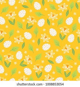 Easter seamless pattern with narcissus, eggs, leaves and flowers. Perfect for wallpaper, gift paper, web page background, spring greeting cards