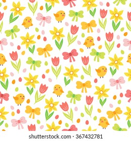 Easter seamless pattern with narcissus, tulips, bows, holiday eggs, chicken, flowers. Perfect for wallpaper, gift paper, pattern fills, web page background, spring and Easter greeting cards