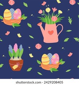 Easter seamless pattern with nest with eggs, watering can with bouquet of flowers. Bright festive elements on blue background. Festive bright layout for printing on packaging, fabric, paper.