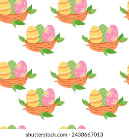 Easter seamless pattern with nest and painted eggs on white background. Festive bright background for printing on packaging, fabric, paper and other surfaces.