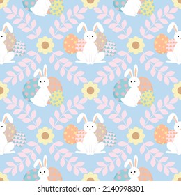 Easter seamless pattern on blue background, Flat design.