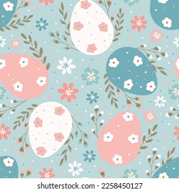 easter seamless pattern on blue background eggs with flowers