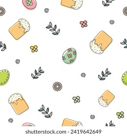 Easter seamless pattern on a white background. Happy Easter Day seamless background. Hand drawn vector illustration. Line.doodle.Easter Eggs pattern.Vector seamless simple pattern with easter cake.