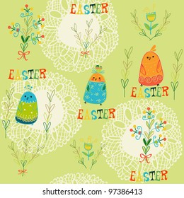 Easter seamless pattern with ornament chicken and flowers.. Vector illustration for wrapping paper, spring cards, web page background
