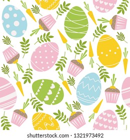 Easter seamless pattern with ornament eggs, cupcake, carrot and leaves. Vector illustration for wrapping paper, spring cards, web page background