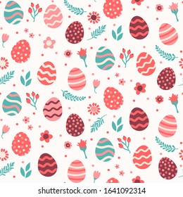 Easter seamless pattern with ornamental eggs - Easter holiday colorful background with florals