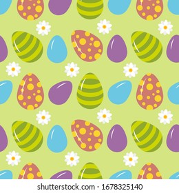 Easter seamless pattern, painted easter eggs on green background with white flowers