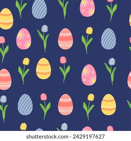 Easter seamless pattern with painted eggs and spring tulips on a blue background. Festive bright layout for printing on packaging, fabric, paper and other surfaces.