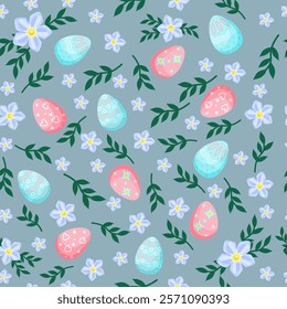  Easter seamless pattern with painted eggs, flowers and leaves on a blue background. Easter decorations.