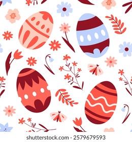 Easter seamless pattern with painted Easter eggs and floral elements. Suitable for wrappers, backgrounds, wallpapers, textiles