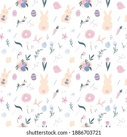Easter seamless pattern. Pastel color. Bunny, eggs, floral