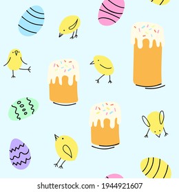 Easter seamless pattern pastel colors in cartoon style with Easter cake, eggs and baby chicken in vector