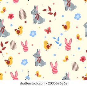 Easter seamless pattern. Picture for printing on fabric. Image for children. Texture, background. Kids characters. Rabbit, egg, bird. Cartoon flat vector illustration isolated on beige backdrop