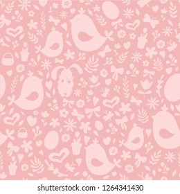 Easter Seamless Pattern in Pink Colors. Easter hand draw symbols Shapes. Editable pattern in swatches. Cute doodle style ornament with birds, flowers, bunny, eggs, butterflies. Handwritten background.