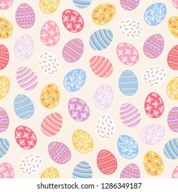 Easter seamless pattern with pink, yellow, blue and red eggs. Perfect for wallpaper, gift paper, web page background, spring greeting cards